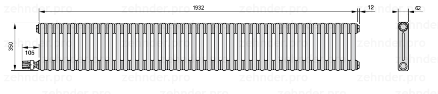 Схема (чертеж) Радиатор Zehnder Charleston 2035/42 №V004 Белый глянцевый RAL 9016